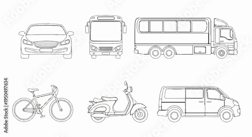 Line art illustrations of diverse transportation modes including a car, bus, and scooter