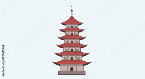Traditional Japanese Pagoda Tower Architecture, Red Roofs, Beige Walls, Minimalist Design