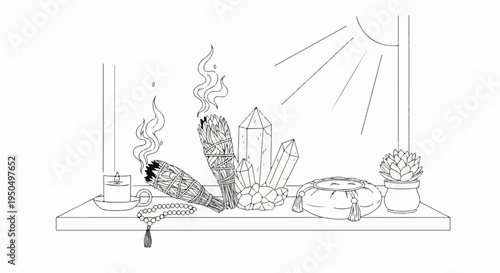 A shelf displays crystals, sage bundles, a lit candle, prayer beads, a cushion, and a plant