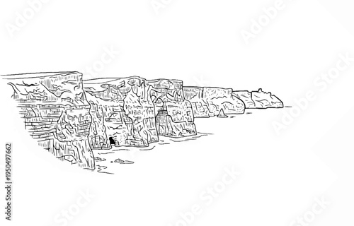 Line drawing of rugged cliffs meeting the sea with a cave entrance