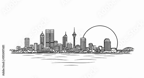 A sketch of a city skyline with a bridge and a circular arc