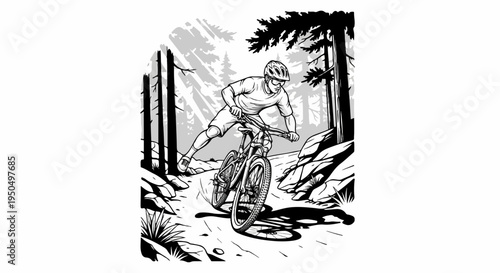 Man riding a bicycle on a forest path surrounded by rocks and trees