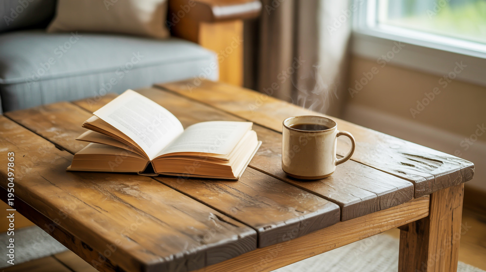Naklejka premium Wooden coffee table with open book and steaming coffee mug indoors wooden table
