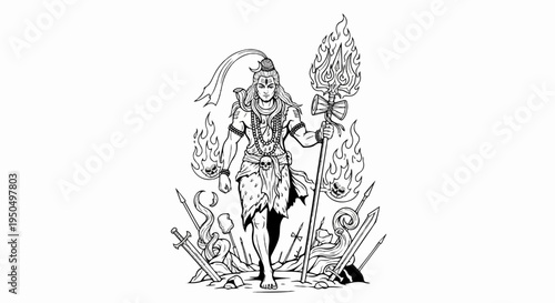 Powerful divine warrior in fierce stance, surrounded by flames and weapons