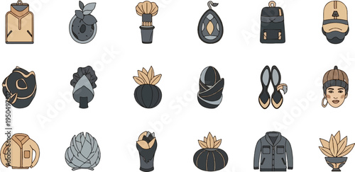 Flat icons of clothing, plants, and accessories in muted earth tones