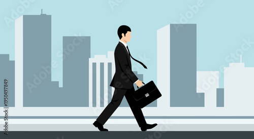 Businessman walking with briefcase in city street, modern buildings background