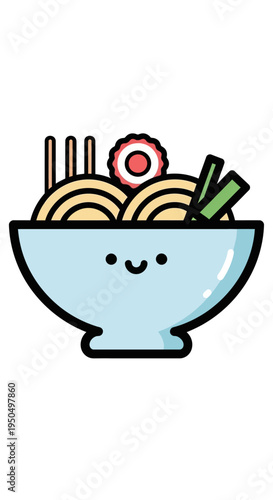 Cute Kawaii Ramen Bowl Character with Chopsticks and Narutomaki