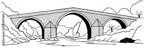 Stone arch bridge crossing a rocky river with trees and foliage