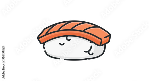 Cute Salmon Nigiri Sushi Character with Smiling Face, Kawaii Food Illustration
