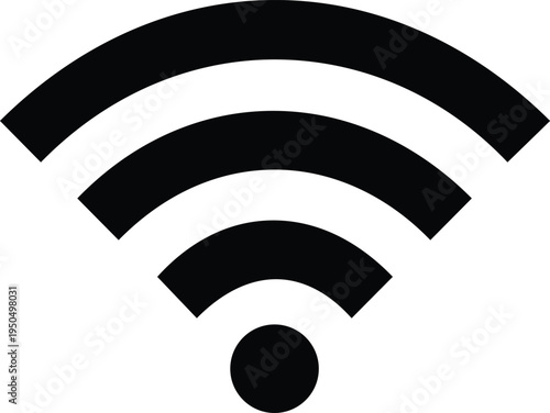 This clean, minimalist black and white vector graphic illustration presents a standard Wi-Fi signal icon, meticulously designed to universally represent strong wireless internet connectivity, seamless