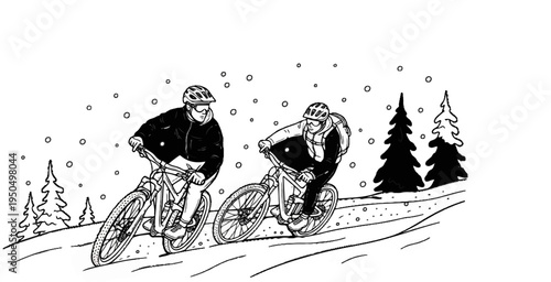 Two cyclists ride mountain bikes through falling snow past pine trees