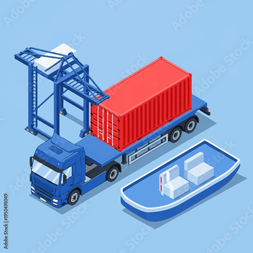 Container Truck and Boat at Port.