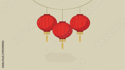 Three vibrant red Chinese lanterns hanging elegantly against a soft, muted background, symbolizing celebration and tradition for festive occasions like Lunar New Year
