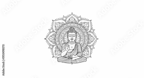 Tranquil Buddha meditating within a detailed ornamental mandala design