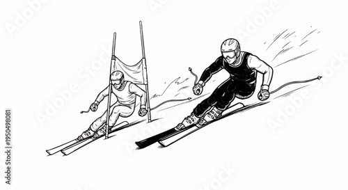 Two skiers race down a slope, navigating through gates in a competition