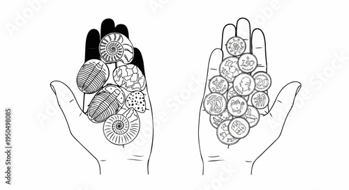 Two open hands, one holding fossils, the other coins
