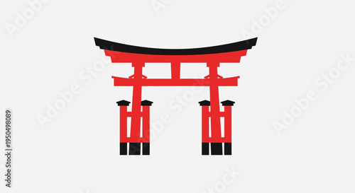 Japanese Torii Gate Icon Symbol, Red and Black Minimalist Design, Isolated on White Background