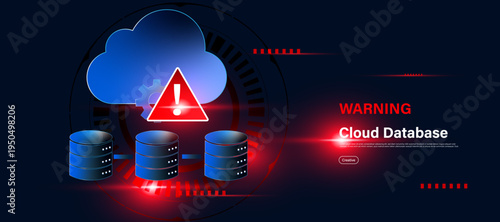 Cloud database alert concept with warning sign and cloud server storage icon. Modern cloud computing technology for monitoring online database systems and secure digital data management.