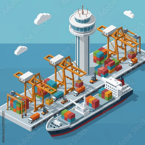 Modern Shipping Port with Cranes and Cargo Ship.