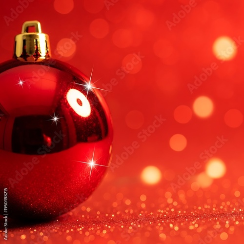 Brilliant red spherical decoration rests upon sparkling glitter surface with soft background lights