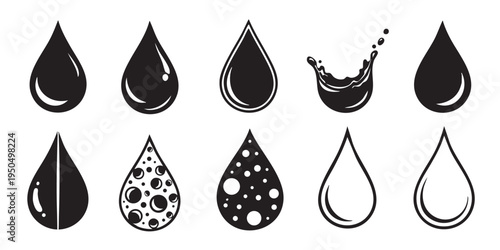Collection of various black and white water droplets and liquid drops in different shapes and patterns
