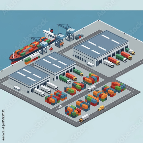 Isometric Logistics Hub with Cargo Ship and Warehouses.