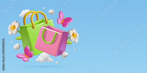 3D shopping bags with flowers and butterflies. Cute spring and summer sale background. Vector illustration.
