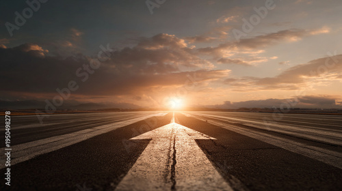 Sunset view of a runway leading to the horizon at a quiet airport