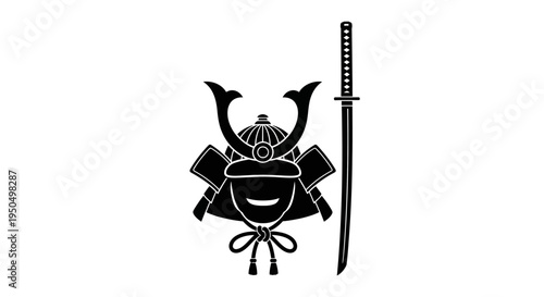 Samurai Helmet and Katana Sword Silhouette - Japanese Warrior Icon