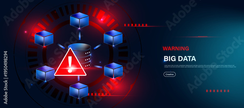 Big data protection alert concept with warning sign and database shield icon. Cybersecurity technology for protecting large information systems, privacy safety and secure data networks.