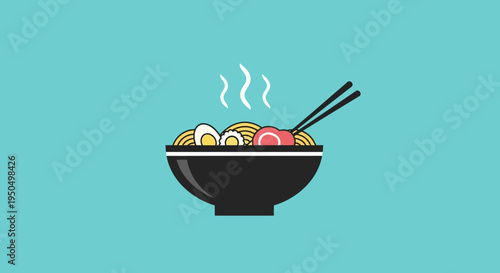Steaming Bowl of Ramen Noodles with Chopsticks and Egg