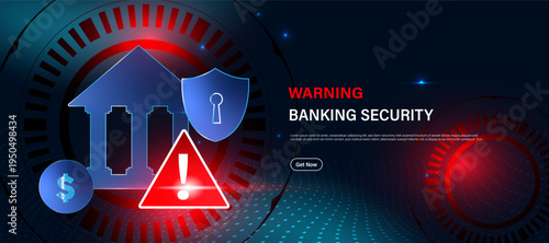 Bank security alert concept with warning sign and secure banking shield icon. Financial cybersecurity system for protecting bank transactions, customer data and digital banking networks.