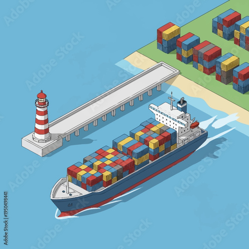 Large container ship arriving at port with lighthouse and cargo stacks.