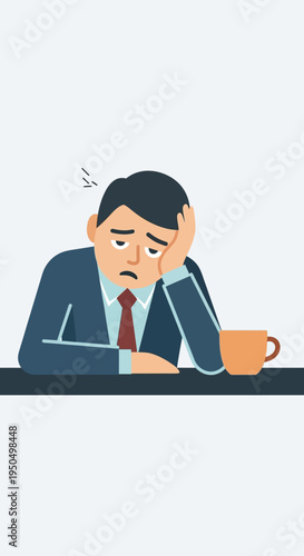 Tired Businessman Feeling Exhausted at Desk with Coffee Cup