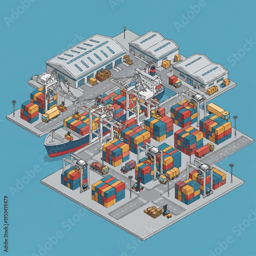 Isometric Port Logistics and Shipping Operations.
