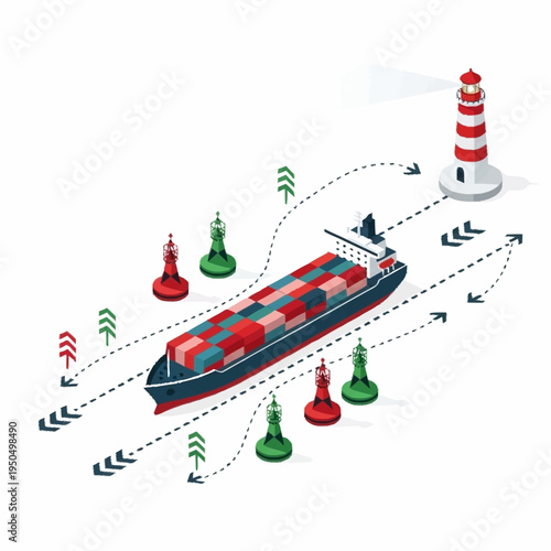 Container Ship Navigating Through Buoys Towards Lighthouse.