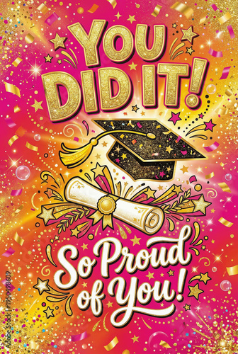 Colorful proud graduate celebration card design with glitter graduation cap and diploma for festive poster and greeting