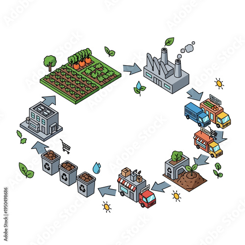 Illustrative diagram depicting the circular economy of sustainable food production, from farm to factory to consumer and back to compost.