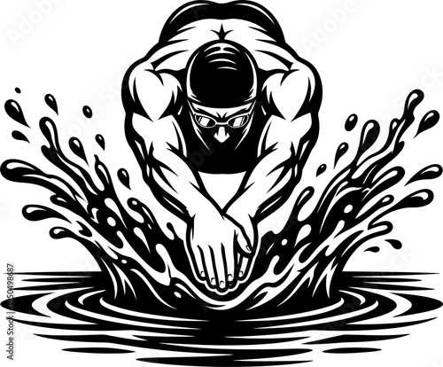 Swimmer diving into water splash ripples stencil silhouette