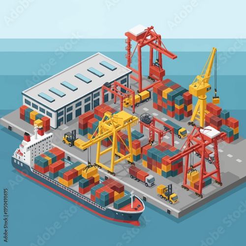 Container Ship and Port Cranes in Busy Shipping Terminal.