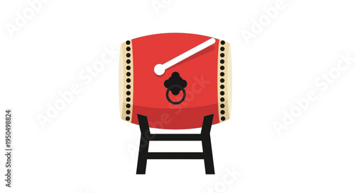 Red Japanese Taiko Drum on Stand, Traditional Musical Instrument