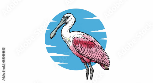 Stylized drawing of a pink spoonbill bird standing against a blue sky backdrop