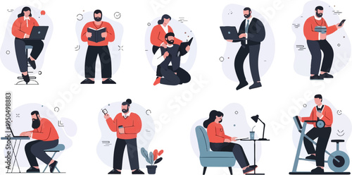 Diverse group of people engaged in various work and leisure activities