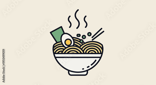 Steaming Bowl of Ramen Noodles with Egg and Seaweed - Delicious Japanese Food Illustration