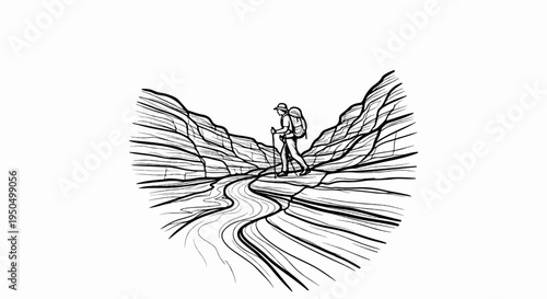 A lone hiker traverses a narrow canyon alongside a winding river