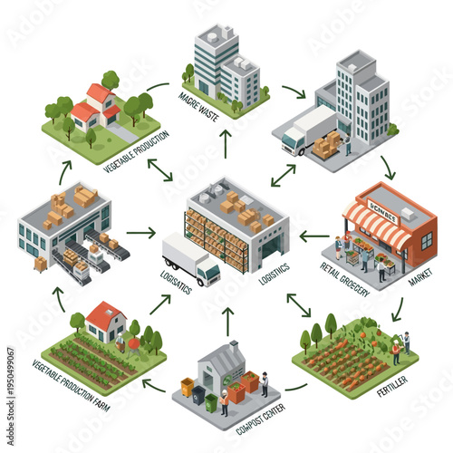 Diagram illustrating the circular economy of food production, from farm to market and waste management.
