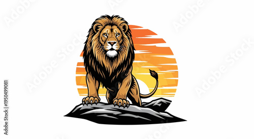 A majestic lion with a full mane stands on rocks with a sunset backdrop