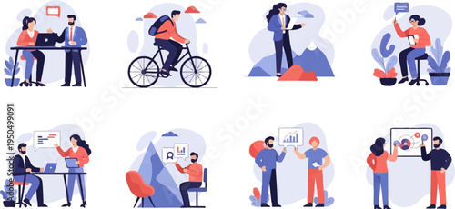 Colleagues collaborating and working remotely, presenting data and cycling