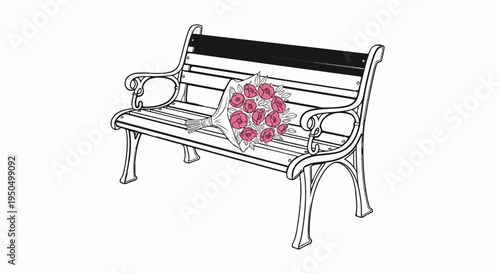 Ornate park bench holds a bouquet of pink flowers