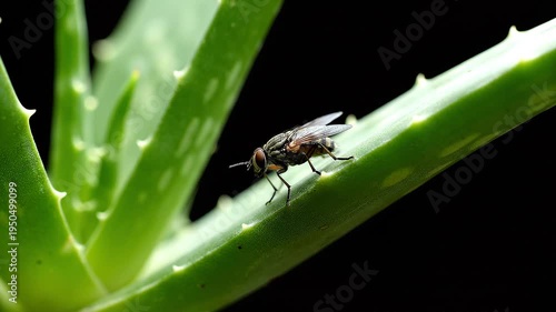 Close-up of Aloe Vera Plant with Perched Fly